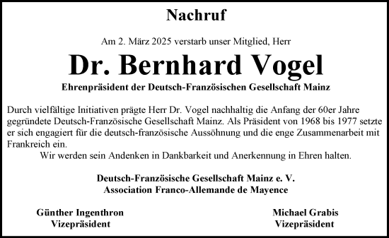 Traueranzeige von Bernhard Vogel von Allgemeine Zeitung Mainz