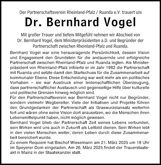 Traueranzeige von Bernhard Vogel von Allgemeine Zeitung Mainz