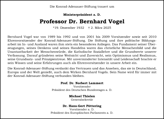Traueranzeige von Bernhard Vogel von Allgemeine Zeitung Mainz