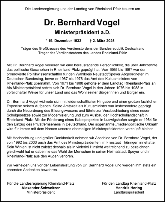 Traueranzeige von Bernhard Vogel von Allgemeine Zeitung Rheinhessen-Nahe