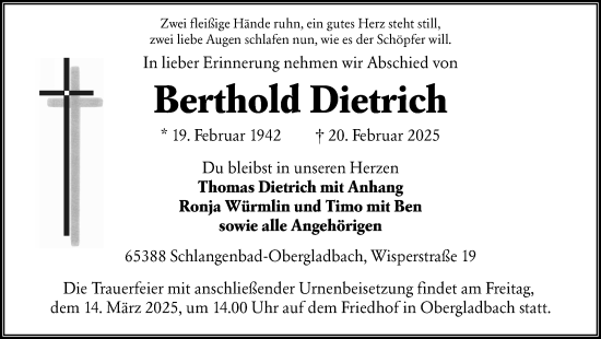 Traueranzeige von Berthold Dietrich von Wiesbadener Kurier