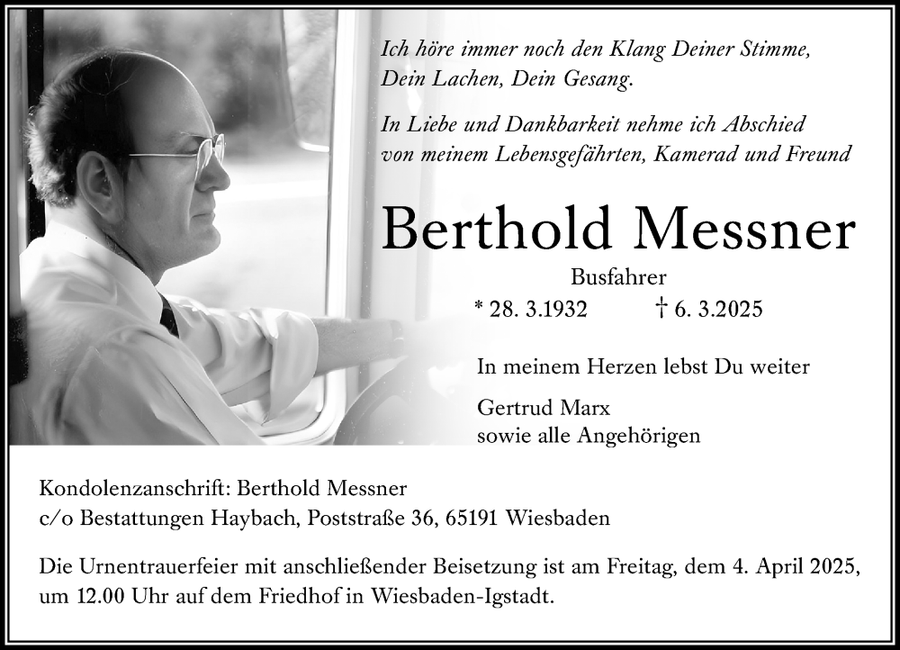  Traueranzeige für Berthold Messner vom 22.03.2025 aus Wiesbadener Kurier