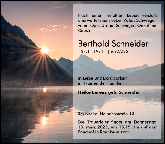 Traueranzeige von Berthold Schneider von Rüsselsheimer Echo