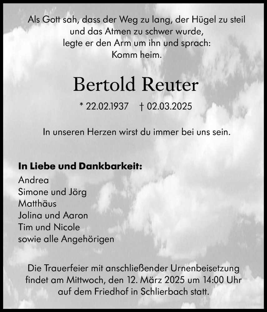  Traueranzeige für Bertold Reuter vom 06.03.2025 aus Hinterländer Anzeiger