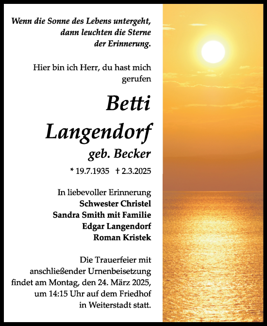 Traueranzeige von Betti Langendorf von Darmstädter Echo