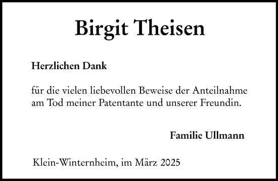 Traueranzeige von Birgit Theisen von Allgemeine Zeitung Mainz