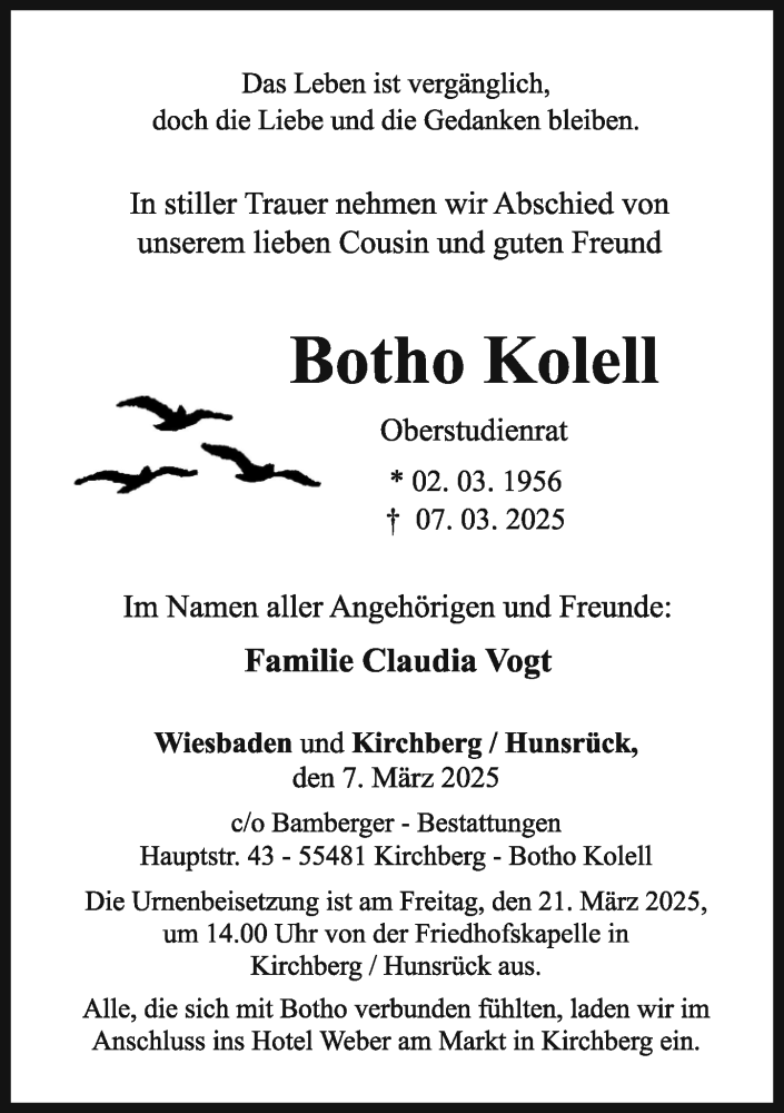  Traueranzeige für Botho Kolell vom 15.03.2025 aus Wiesbadener Kurier