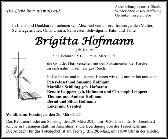 Traueranzeige von Brigitta Hofmann von Nassauische Neue Presse