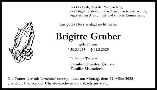 Traueranzeige von Brigitte Gruber von Weilburger Tageblatt