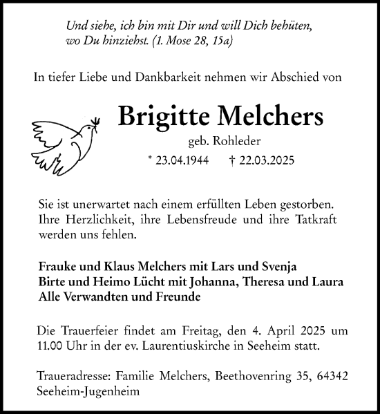 Traueranzeige von Brigitte Melchers von Darmstädter Echo