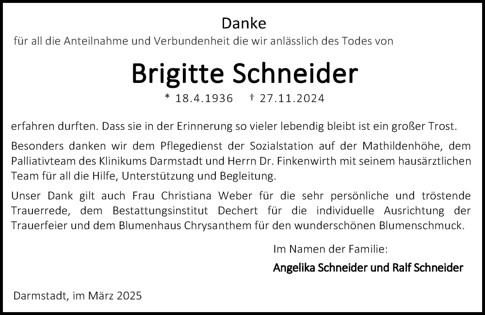  Traueranzeige für Brigitte Schneider vom 08.03.2025 aus Darmstädter Echo
