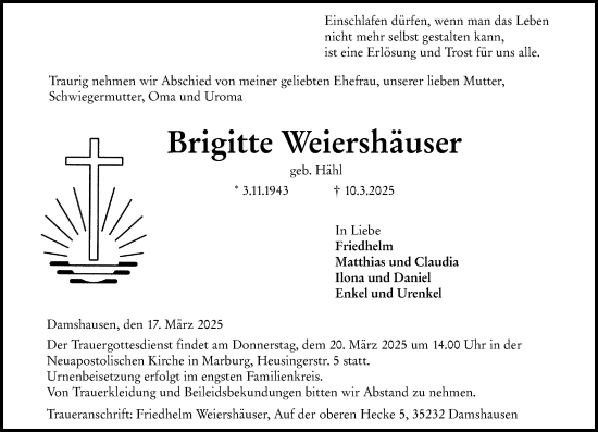 Traueranzeige von Brigitte Weiershäuser von Hinterländer Anzeiger