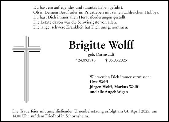 Traueranzeige von Brigitte Wolff von Allgemeine Zeitung Mainz