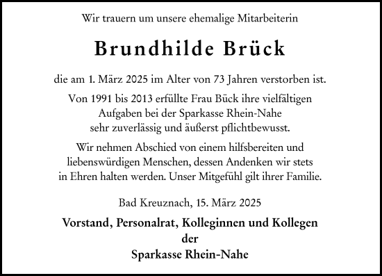 Traueranzeige von Brundhilde Brück von Allgemeine Zeitung Rheinhessen-Nahe