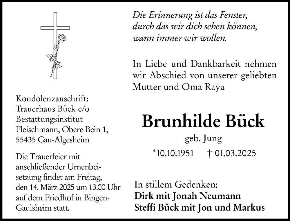  Traueranzeige für Brunhilde Bück vom 08.03.2025 aus Allgemeine Zeitung Rheinhessen-Nahe