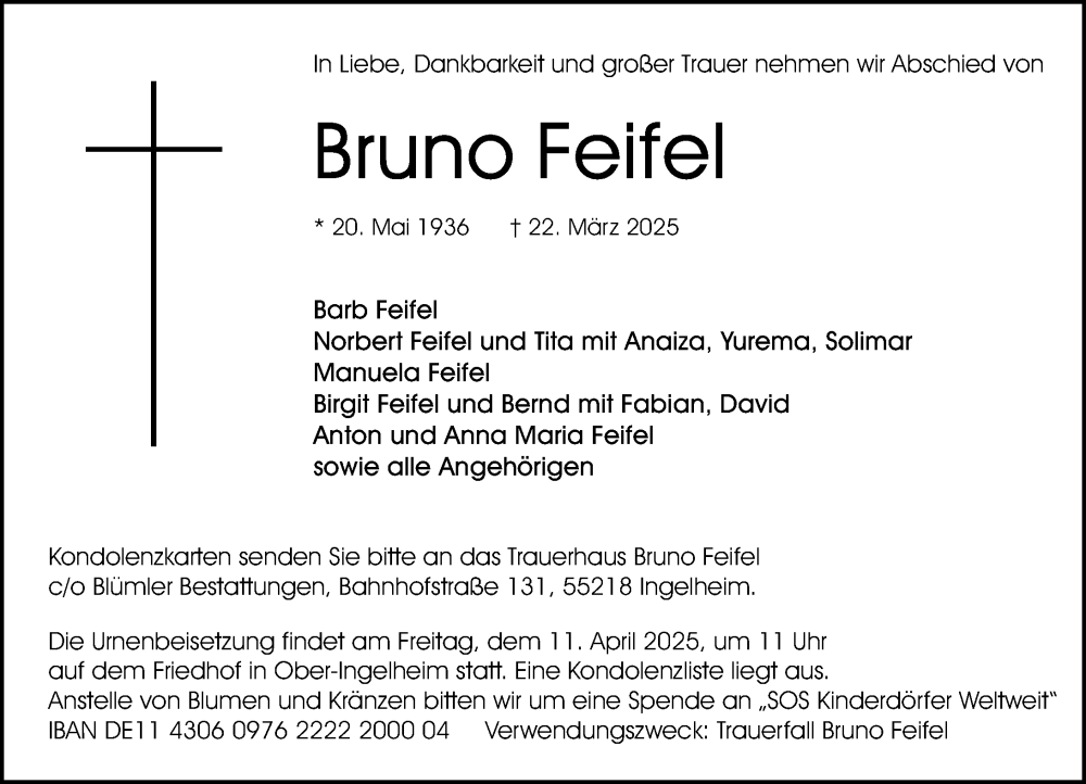  Traueranzeige für Bruno Feifel vom 29.03.2025 aus Allgemeine Zeitung Rheinhessen-Nahe