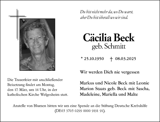 Traueranzeige von Cäcilia Beck von Allgemeine Zeitung Mainz