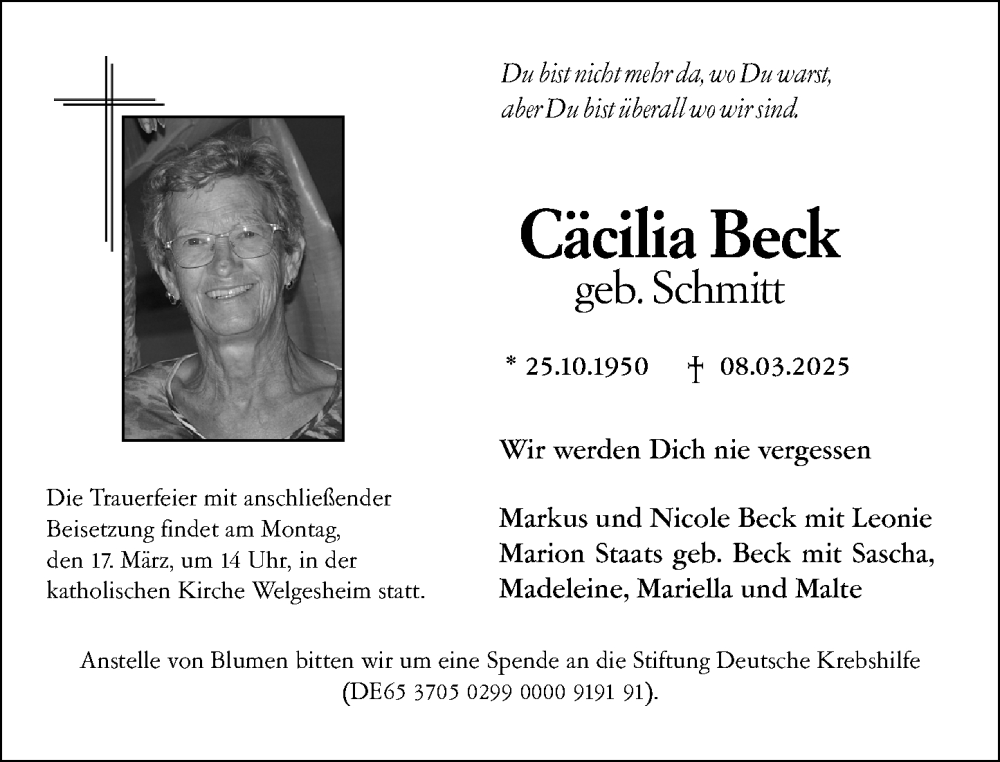  Traueranzeige für Cäcilia Beck vom 15.03.2025 aus Allgemeine Zeitung Mainz