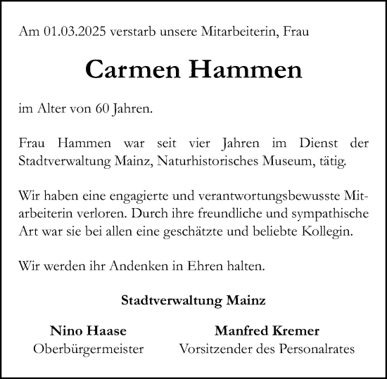 Traueranzeige von Carmen Hammen von Allgemeine Zeitung Mainz