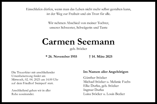 Traueranzeige von Carmen Seemann von Hinterländer Anzeiger