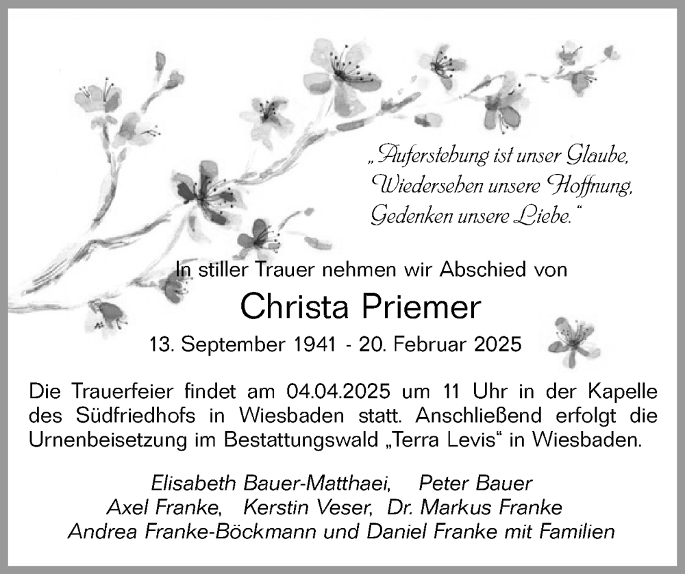  Traueranzeige für Christa Priemer vom 22.03.2025 aus Wiesbadener Kurier