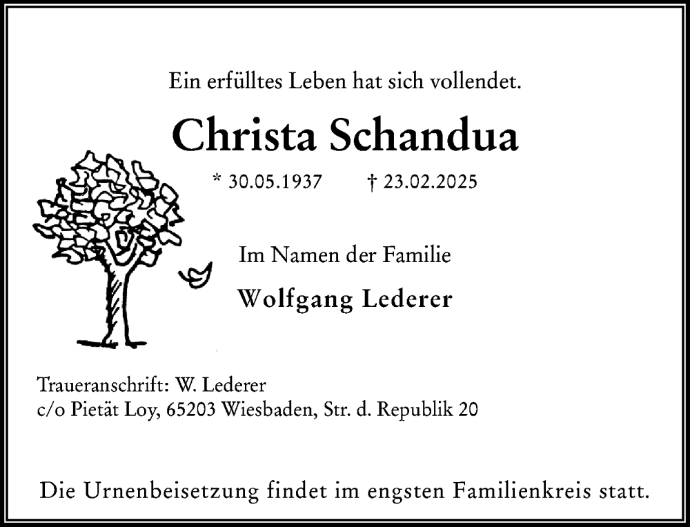  Traueranzeige für Christa Schandua vom 01.03.2025 aus Wiesbadener Kurier