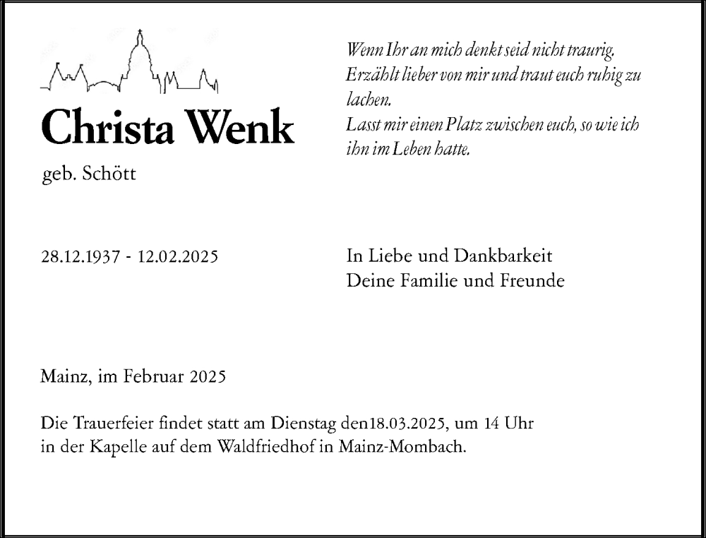 Traueranzeige für Christa Wenk vom 08.03.2025 aus Allgemeine Zeitung Mainz