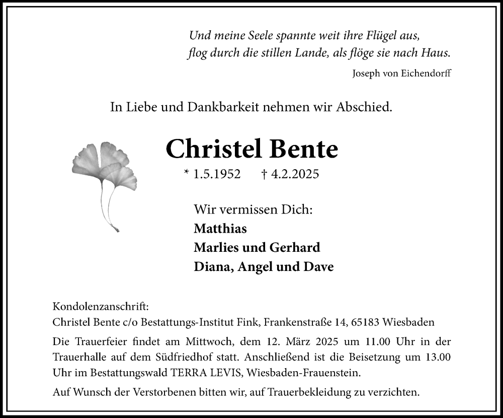  Traueranzeige für Christel Bente vom 01.03.2025 aus Wiesbadener Kurier