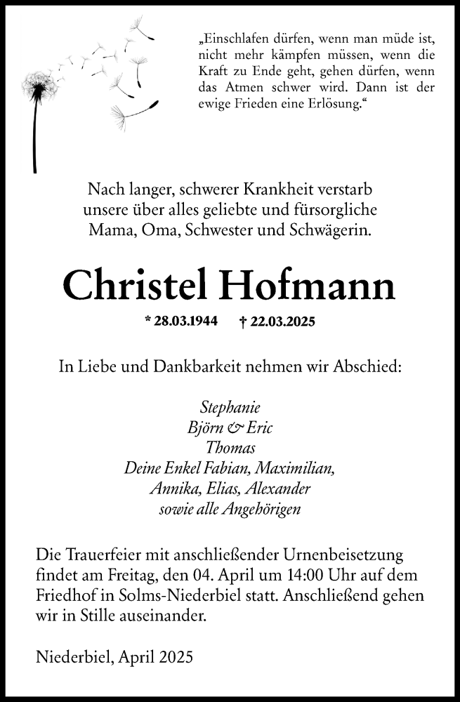  Traueranzeige für Christel Hofmann vom 29.03.2025 aus Wetzlarer Neue Zeitung