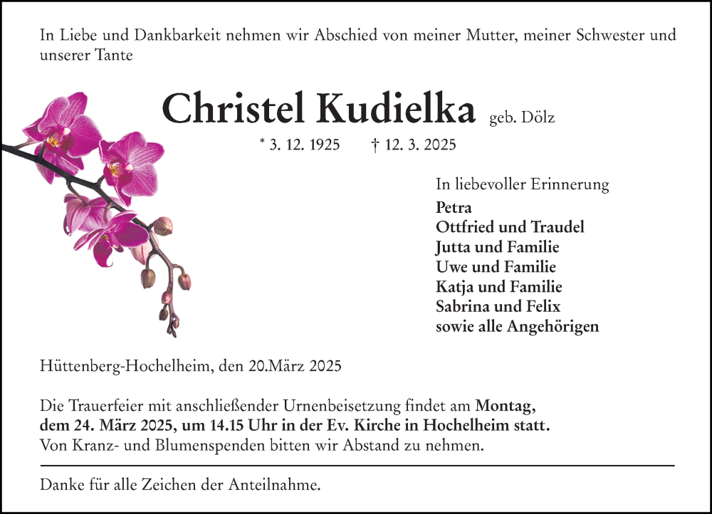  Traueranzeige für Christel Kudielka vom 20.03.2025 aus Wetzlarer Neue Zeitung