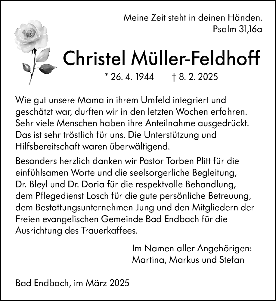  Traueranzeige für Christel Müller-Feldhoff vom 01.03.2025 aus Hinterländer Anzeiger