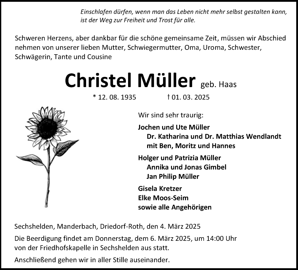  Traueranzeige für Christel Müller vom 04.03.2025 aus Dill Block