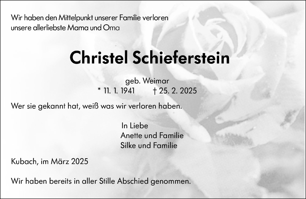  Traueranzeige für Christel Schieferstein vom 08.03.2025 aus Weilburger Tageblatt