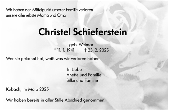 Traueranzeige von Christel Schieferstein von Weilburger Tageblatt
