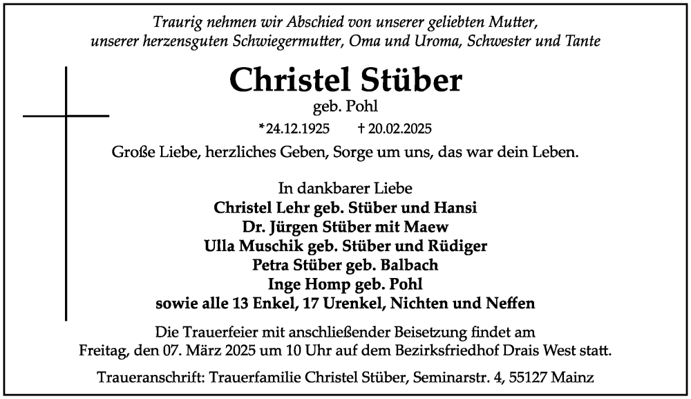  Traueranzeige für Christel Stüber vom 01.03.2025 aus Allgemeine Zeitung Mainz