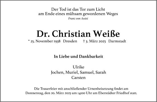 Traueranzeige von Christian Weiße von Darmstädter Echo