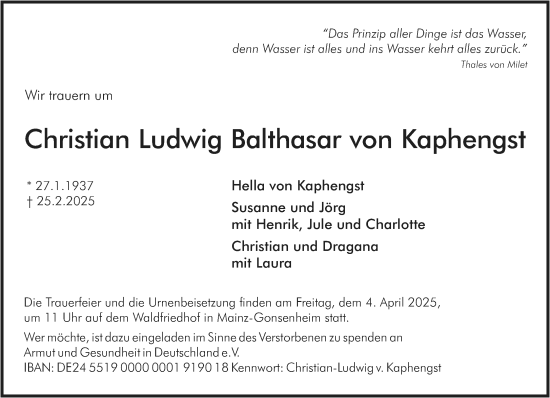 Traueranzeige von Christian Ludwig Balthasar von Kaphengst von Allgemeine Zeitung Mainz