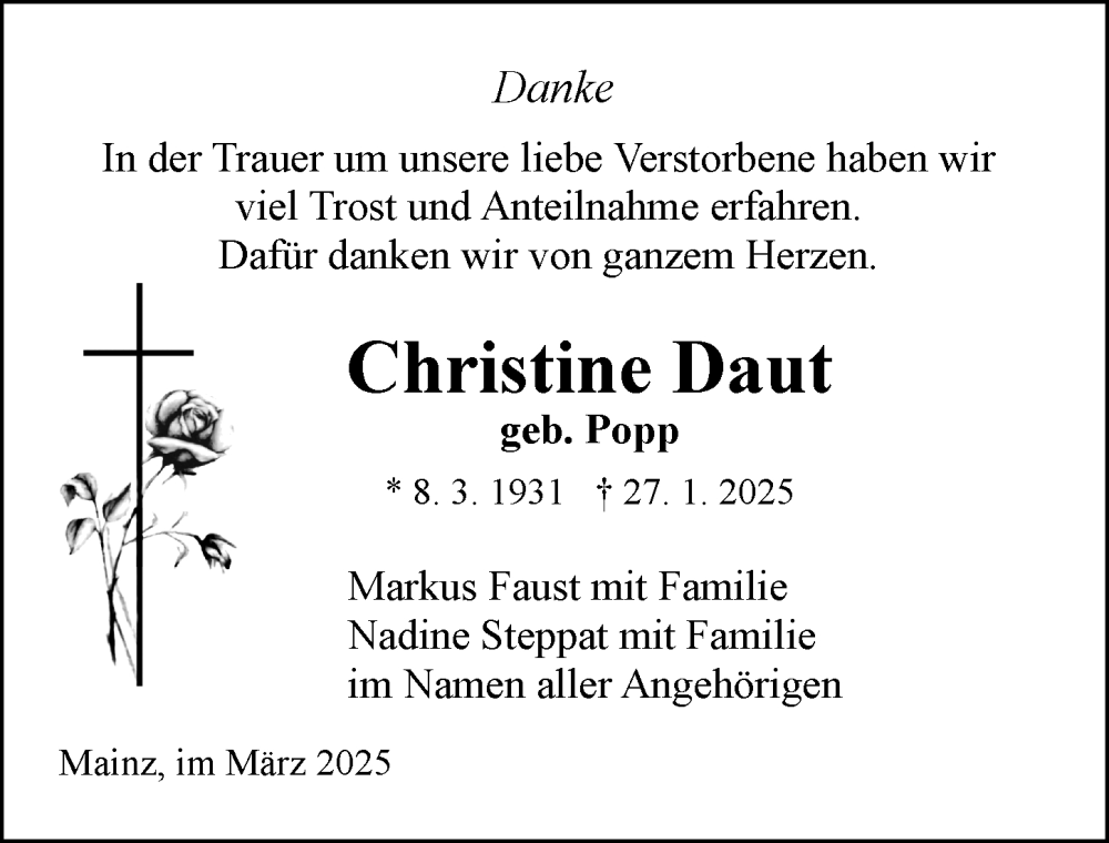  Traueranzeige für Christine Daut vom 22.03.2025 aus Allgemeine Zeitung Mainz