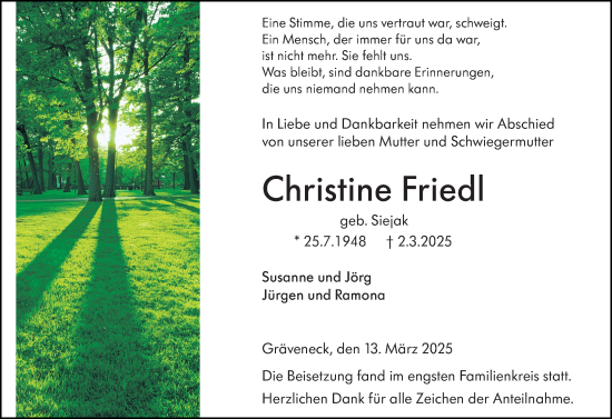 Traueranzeige von Christine Friedl von Weilburger Tageblatt