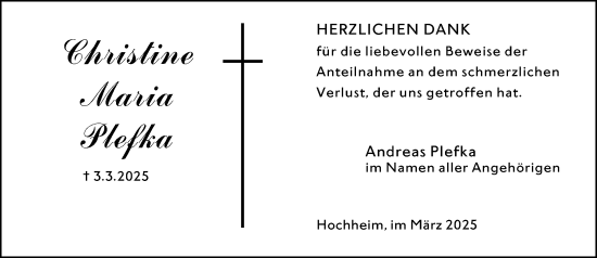 Traueranzeige von Christine Maria Plefka von Hochheimer Zeitung
