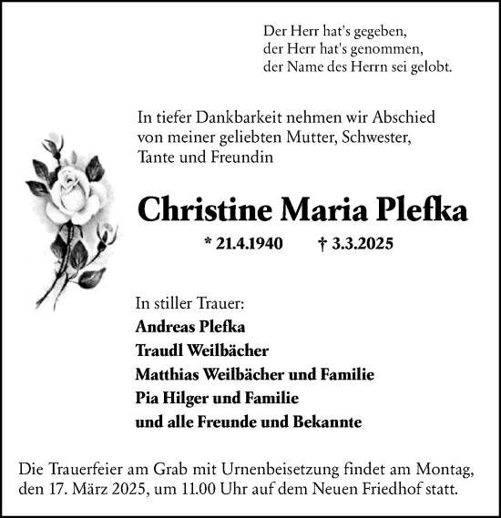 Traueranzeige von Christine Maria Plefka von Hochheimer Zeitung