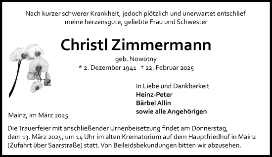 Traueranzeige von Christl Zimmermann von Allgemeine Zeitung Mainz