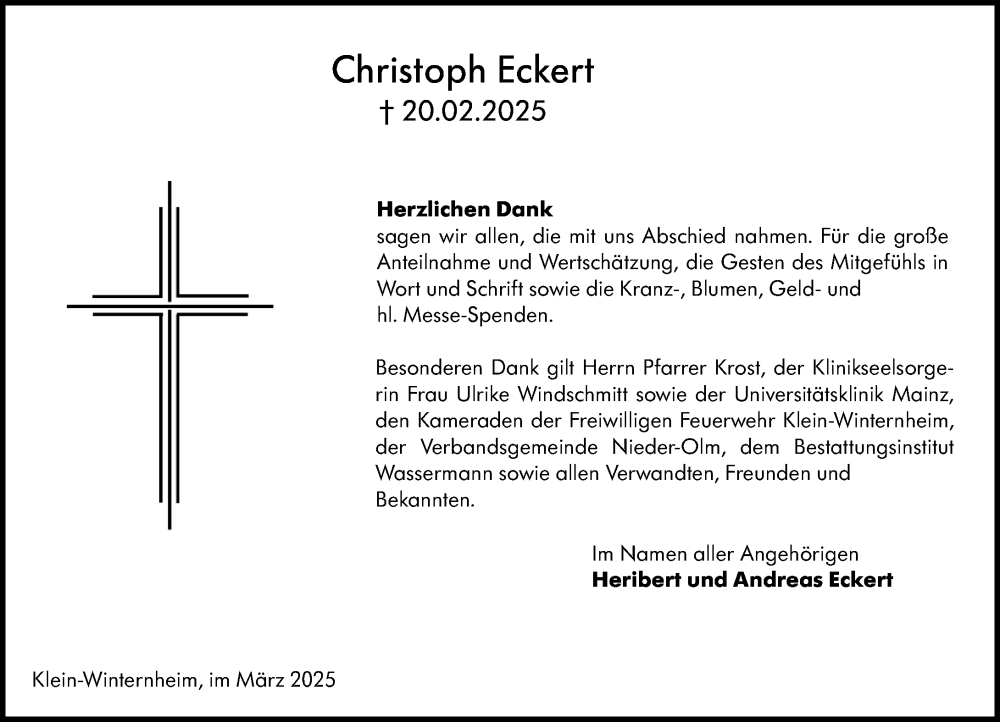  Traueranzeige für Christoph Eckert vom 22.03.2025 aus Allgemeine Zeitung Mainz