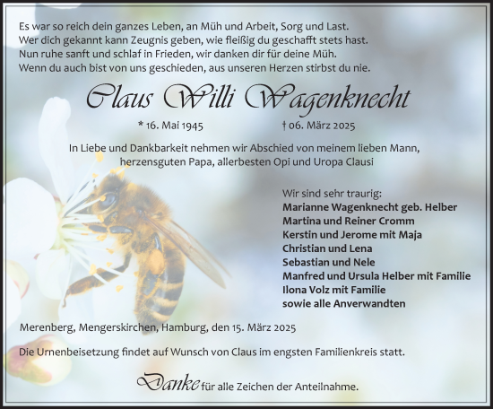 Traueranzeige von Claus Willi Wagenknecht von Weilburger Tageblatt