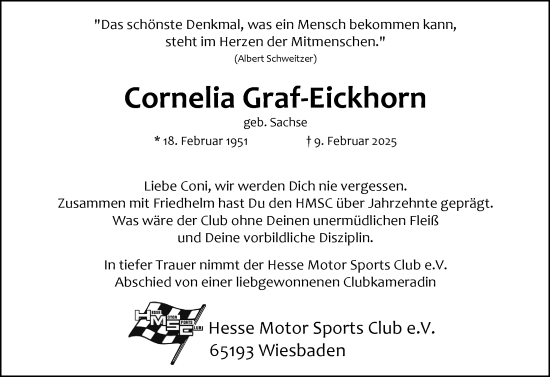 Traueranzeige von Cornelia Graf-Eickhorn von Wiesbadener Kurier
