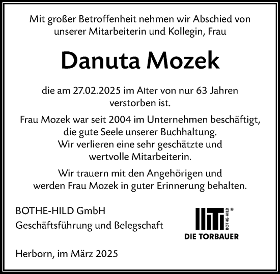 Traueranzeige von Danuta Mozek von Dill Block