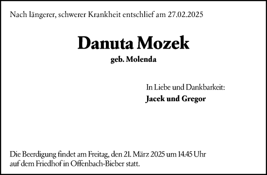 Traueranzeige von Danuta Mozek von Dill Block