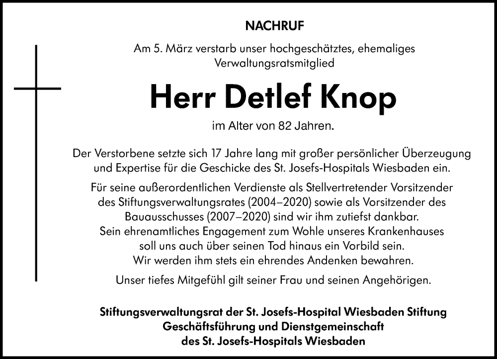  Traueranzeige für Detlef Knop vom 22.03.2025 aus Wiesbadener Kurier