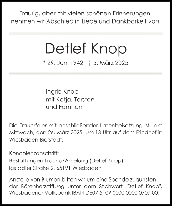 Traueranzeige von Detlef Knop von Wiesbadener Kurier