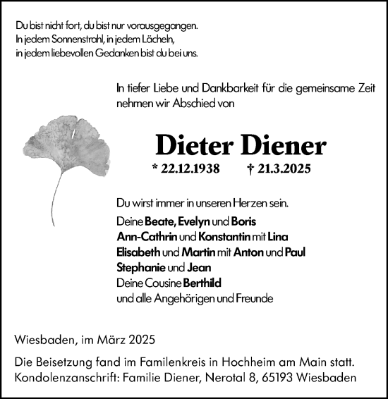 Traueranzeige von Dieter Diener von Wiesbadener Kurier